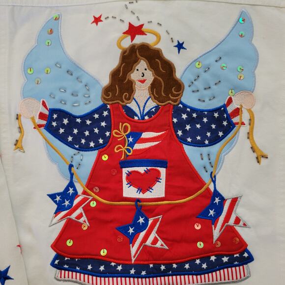 The Quacker Factory Denim Jacket Stars Angel Emroidered Red White Blue Sze S NWT - Picture 4 of 7